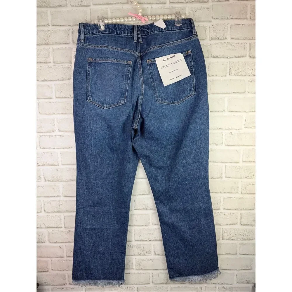 New Good American Good Boy Jeans GBFH134T Size 14 Raw Fray Hem High Waist